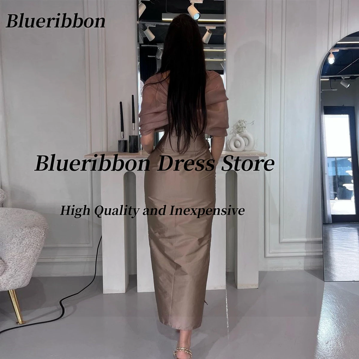 Blueribbon Holiday Party Ankle Length Prom Dresses Off Shoulder Zipper Back Evening Gowns Ruched Vestidos De Noche Saudi Women