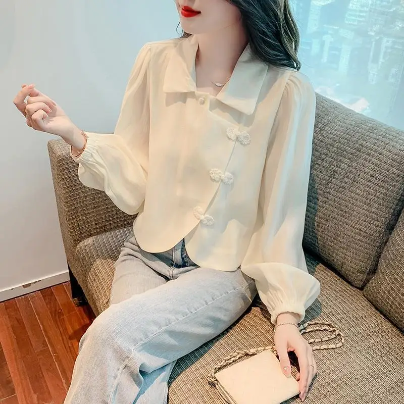 2024Autumn New Polo-Neck Long Sleeve Chiffon Shirt Chinese National Style with Buckle Collar Design Stylish High Waist Top Women