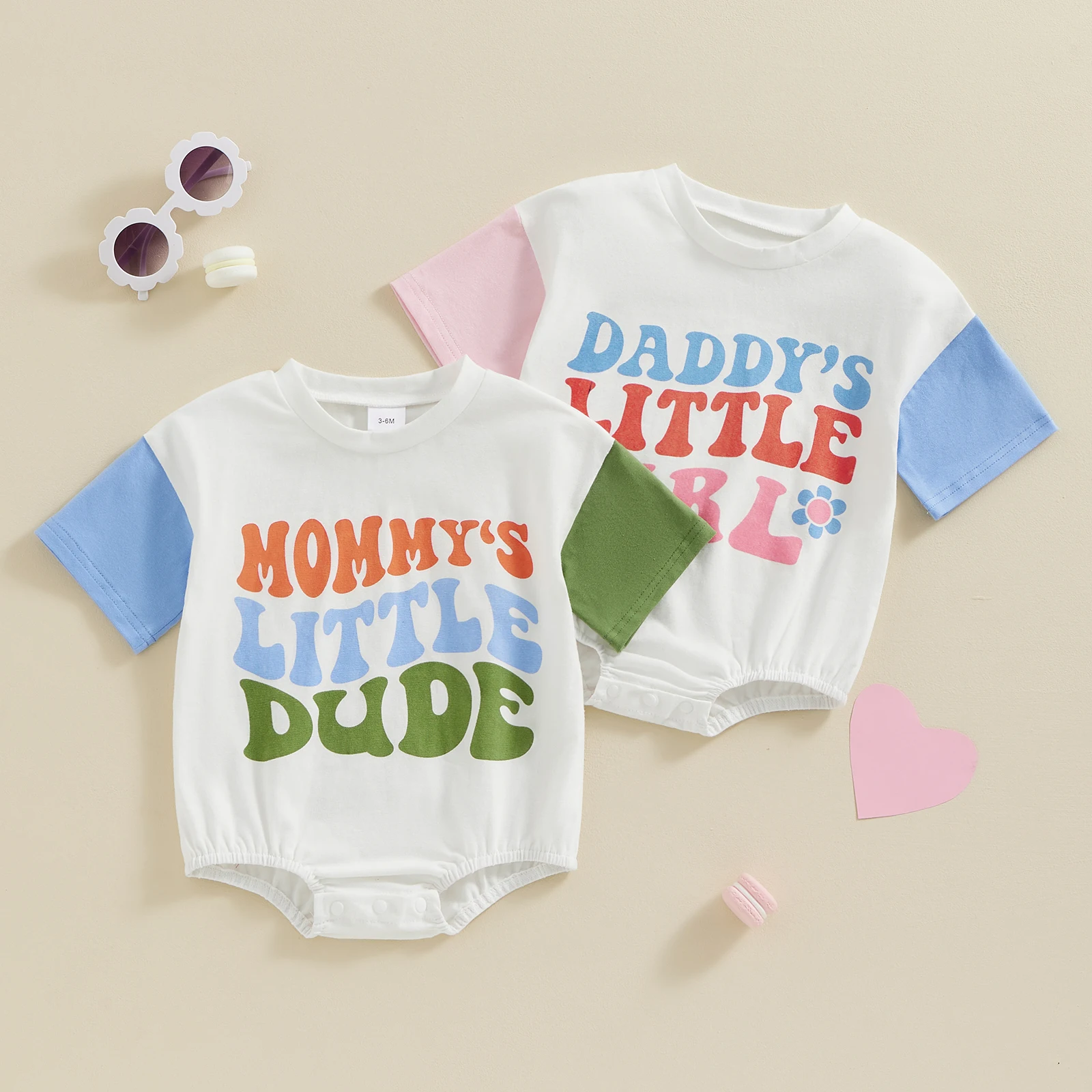 

Infant Baby Summer Casual Romper Letter Print Round Neck Contrast Color Short Sleeve Oversize T-Shirt Bodysuit Sunsuits