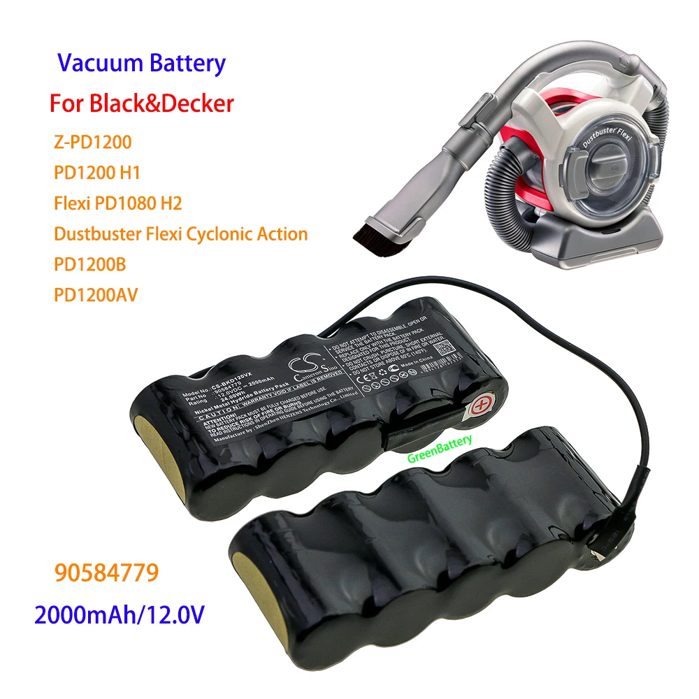 Green Battery  Vacuum 2000mAh 24.00Wh Vacuum Battery 90584779 for Black+Decker Z-PD1200, PD1200 H1, Flexi PD1080 H2