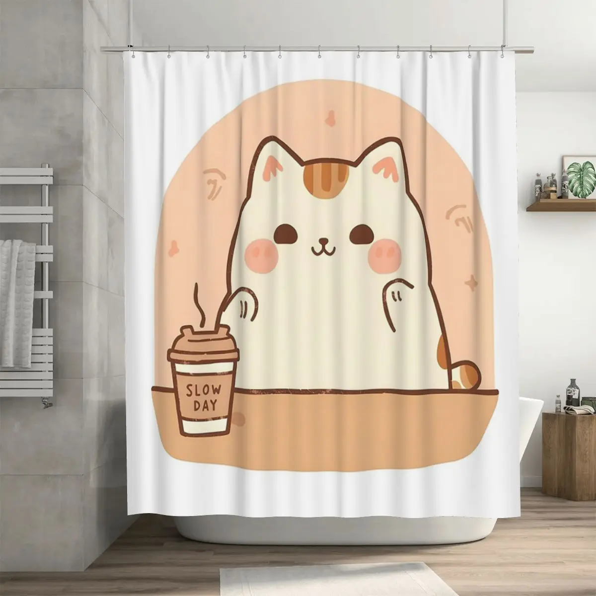 Cute Chubby Cat Pressing Paws On Cafe Window Shower Curtain Bathroom Polyester Waterproof Bath Curtains with Hooks