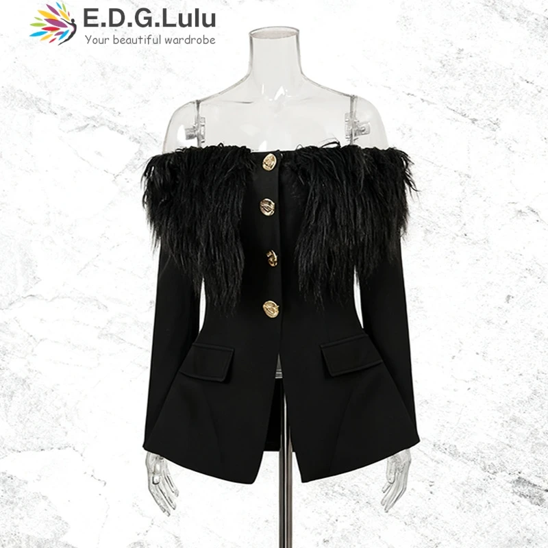 

EDGLuLu 2025 новый дизайн с открытыми плечами и перьями в стиле пэчворк, пиджак с длинными рукавами, женское однобортное черное пальто 1117
