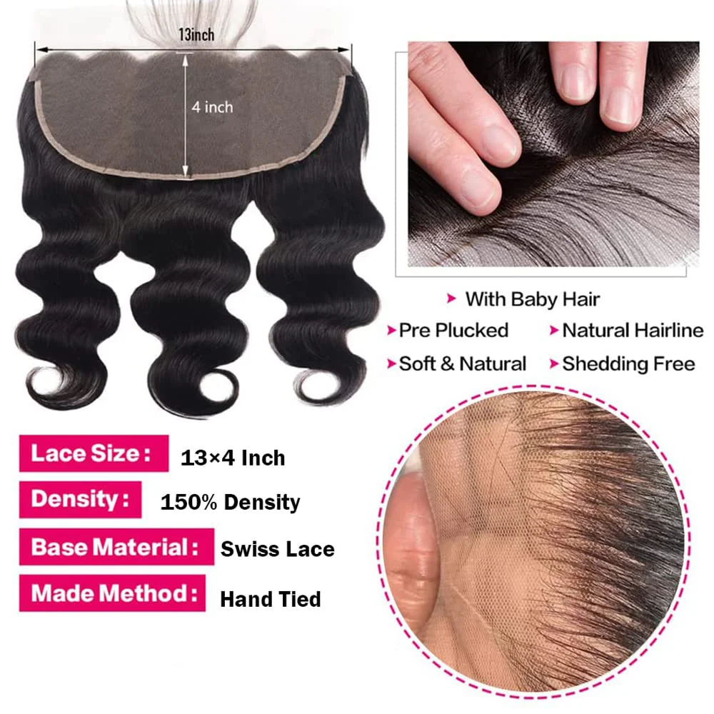 Bundles de cheveux humains Body Wave avec fermeture, cheveux humains non transformés, extensions de tissage, dentelle 13x4, Frmetals, noir naturel, document # 1B 100%