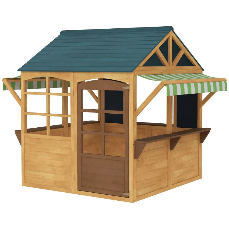 

USA Foldable Wooden Outdoor Playhouse for Kids 3-8 Years Kids Cottage with Windows Working Door Snack Bars Waterproof Covers