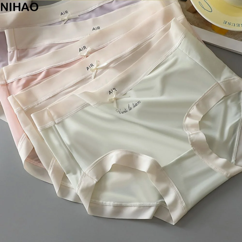 

5PCS Mid Waist Ice Silk Panties Cotton Crotch Mesh Underwear Seamless Briefs Bowknot Female Lingerie Women's Thin Underpants