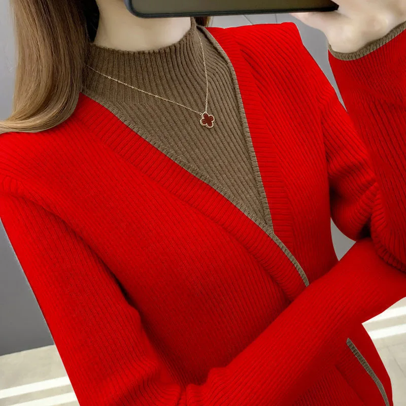 Moda medio cuello alto empalmado falso dos piezas suéteres ropa de mujer 2022 otoño nuevos suéteres sueltos de viaje Casual Tops