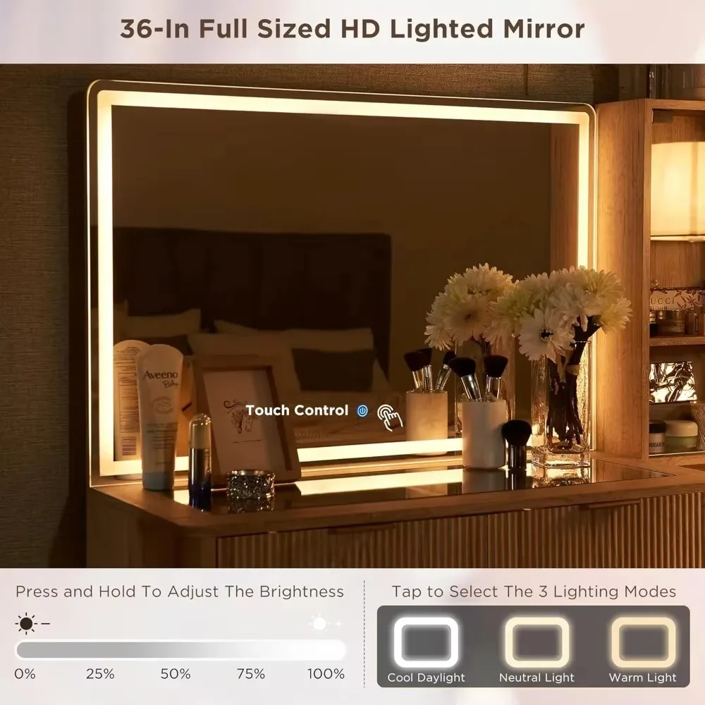 Vanity Desk with 36" HD Lighted Mirror,48" Big Modern Vanity Desk with Mirror and Lights,Dressing Table with 5 Drawers & Shelves image 2