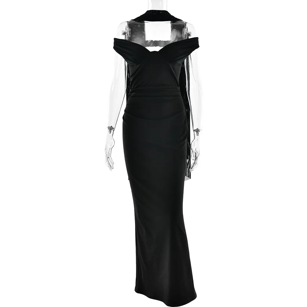 Klasyczna sukienka maxi Bangniweigou z odkrytymi ramionami, dopasowana, z szalem, damska, bez rękawów, elegancka, marszczona, z rozcięciem, różowa suknia na imprezę.