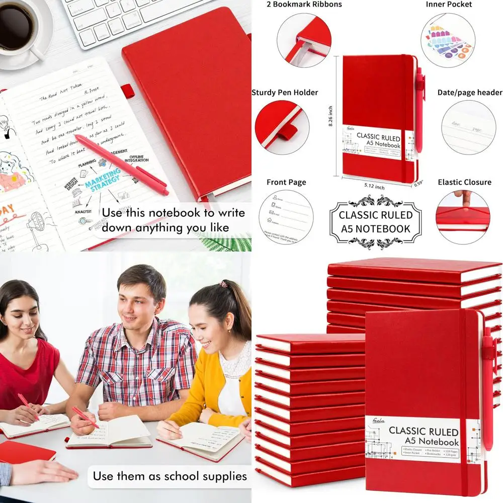 

A5 Red Hardcover Lined Notebook Set with 24 Pens for Work and Business, 120 GSM, 5.1x8.3