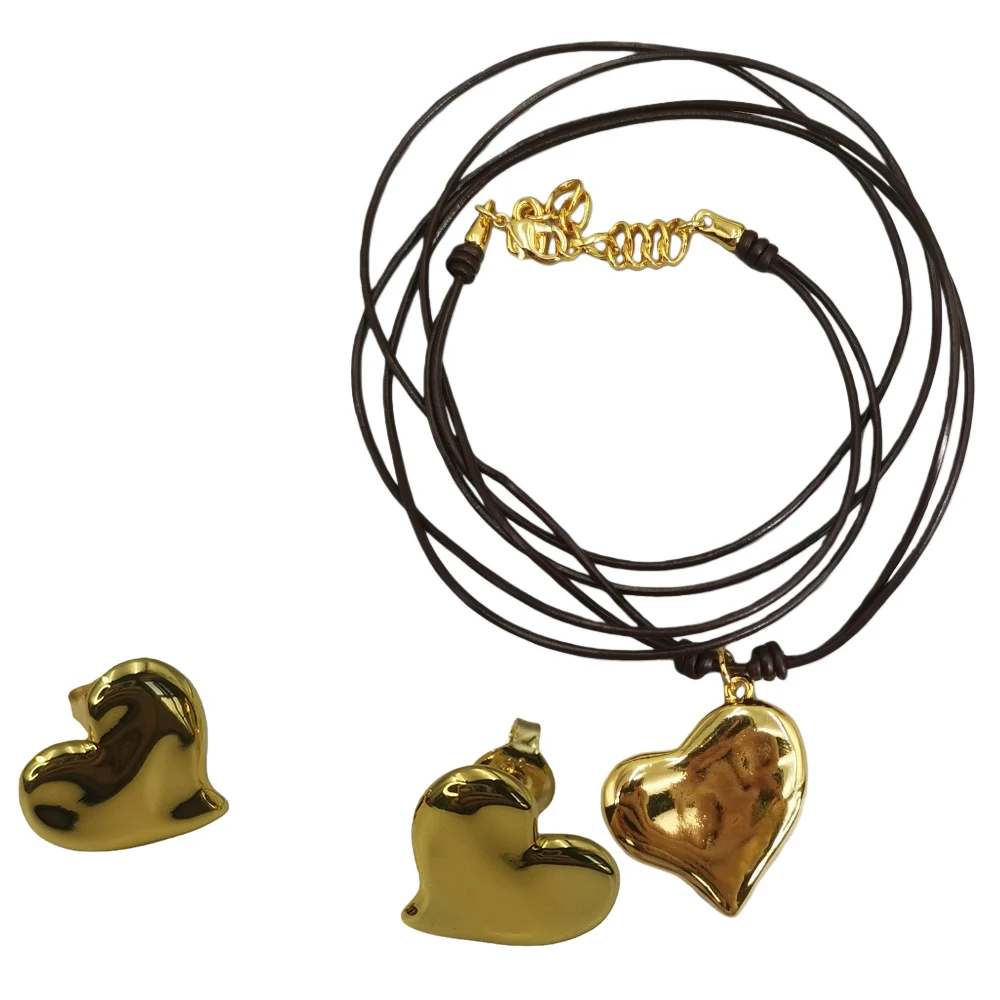 2025 Autumn Fashion OL Style Gold Silver Heart shaped Earrings Leather Rope Necklace Jewelry Set Holiday Gift