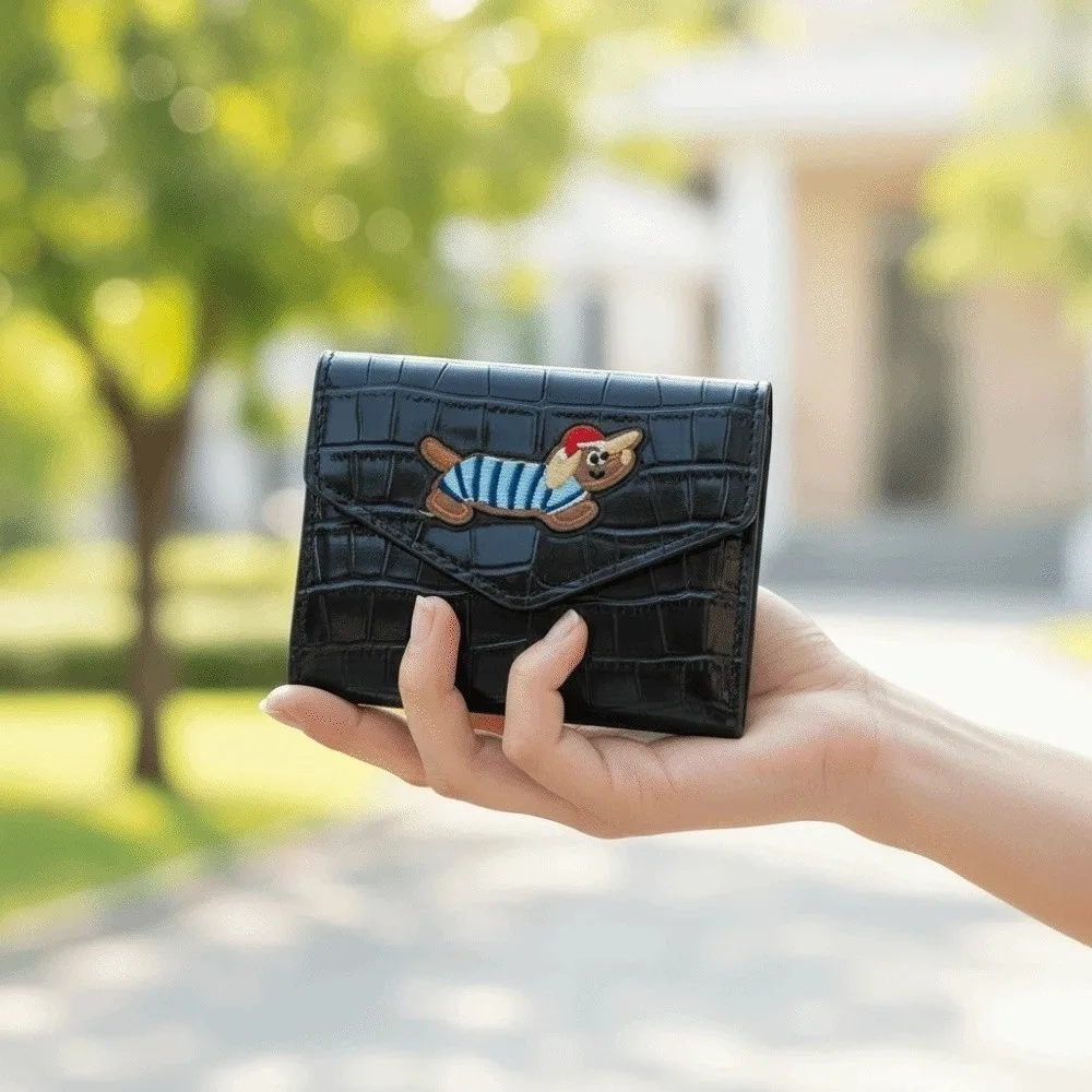 Portable Crocodile Pattern Wallet Candy Color Embroidered Sausage Dog Short Leather Purse Anti-splash Water PVC