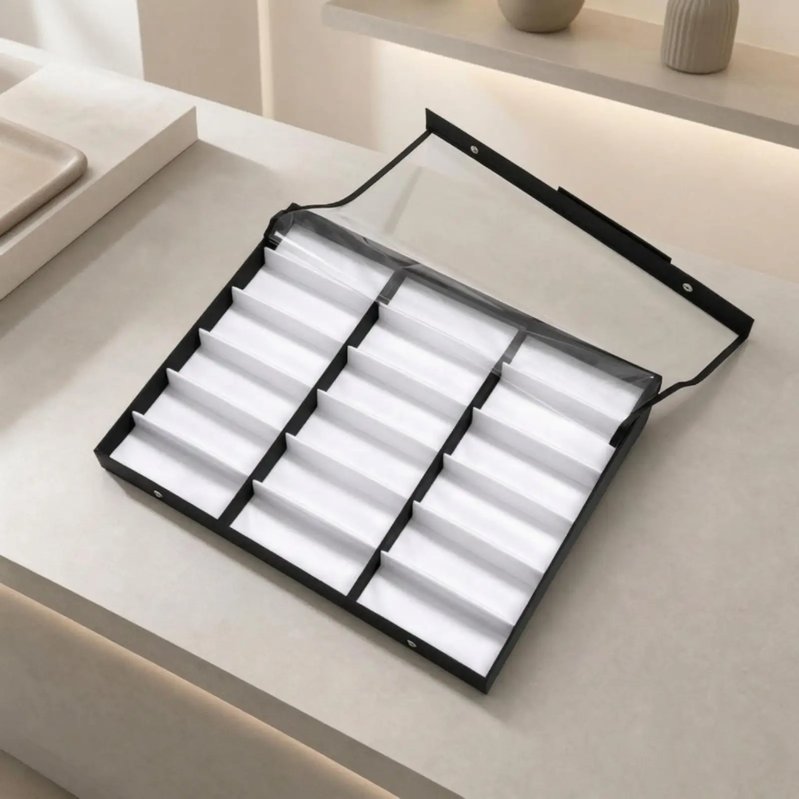 Foldable Eyeglass Display Rack 18 Compartment Glasses Holder Box Clear Lid for Sunglasses Storage Organizer