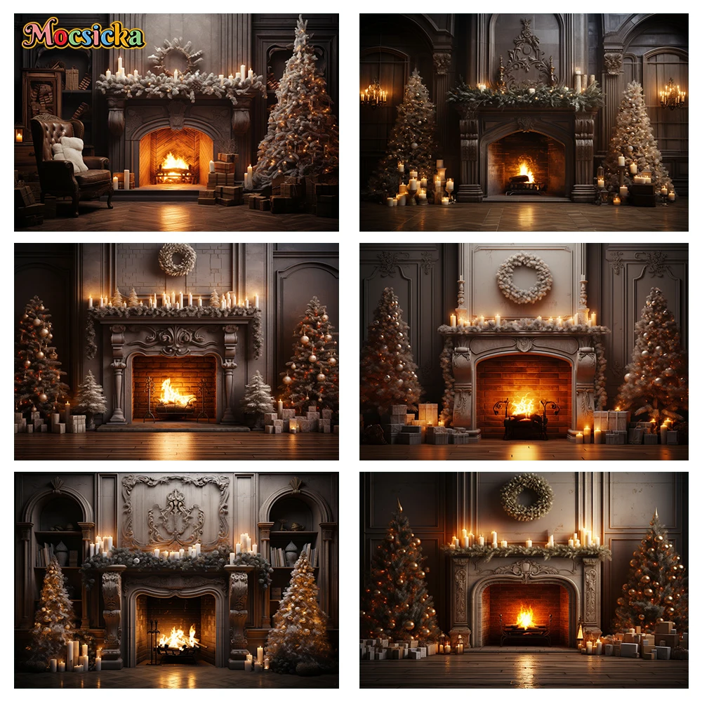 

Mocsicka Christmas Photography Background Winter Warm Fireplace Xmas Wreath Holiday Party Home Photo Backdrops Studio Props