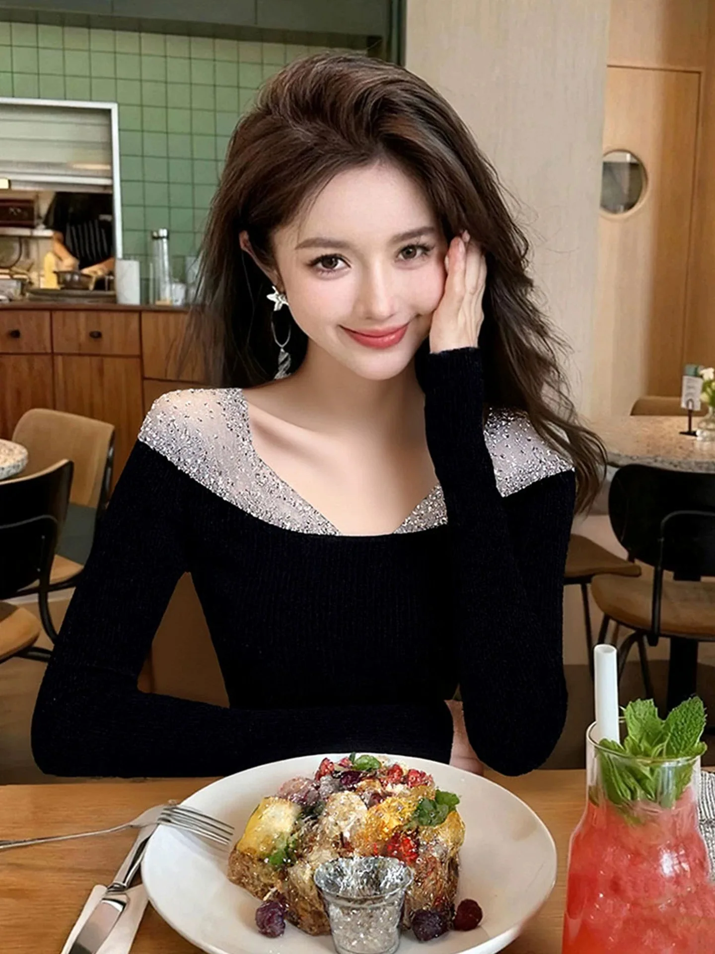 

plus Size Korean Sle Women's T-irt with Sequin Me Splicing One oulder Design Autumn Winter Thiened Long Sve Top