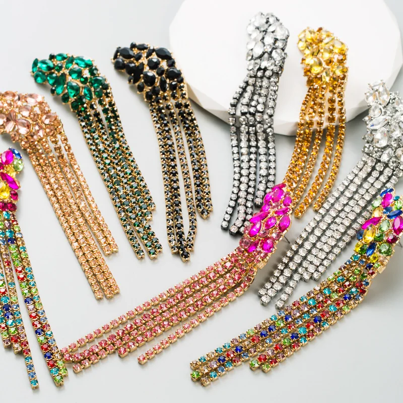 ins Exaggerated long earrings Alloy gold inlaid stained glass Diamond claw chain earrings Banquet party