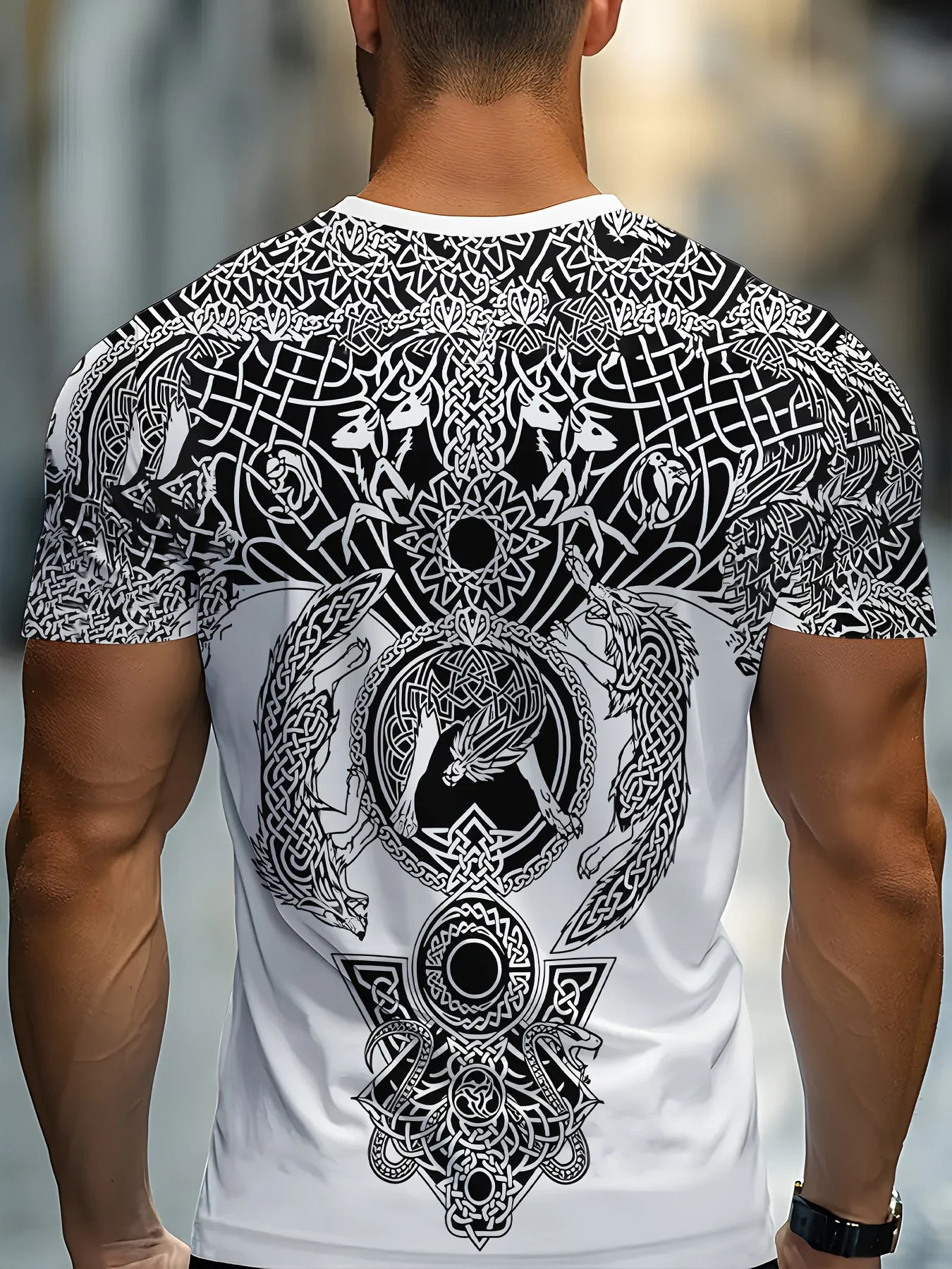 Men Viking Celtic Wolf Knot T-Shirt, Black White Norse Mythology Tribal Art Print Short Sleeve Crew Neck Graphic Tee