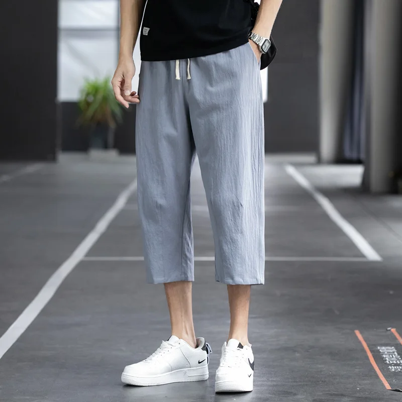 Calça Haren solta de algodão puro para homens, tamanho grande, cintura elástica, monocromática, shorts confortáveis, casual, estilo chinês, nova, verão, 2022