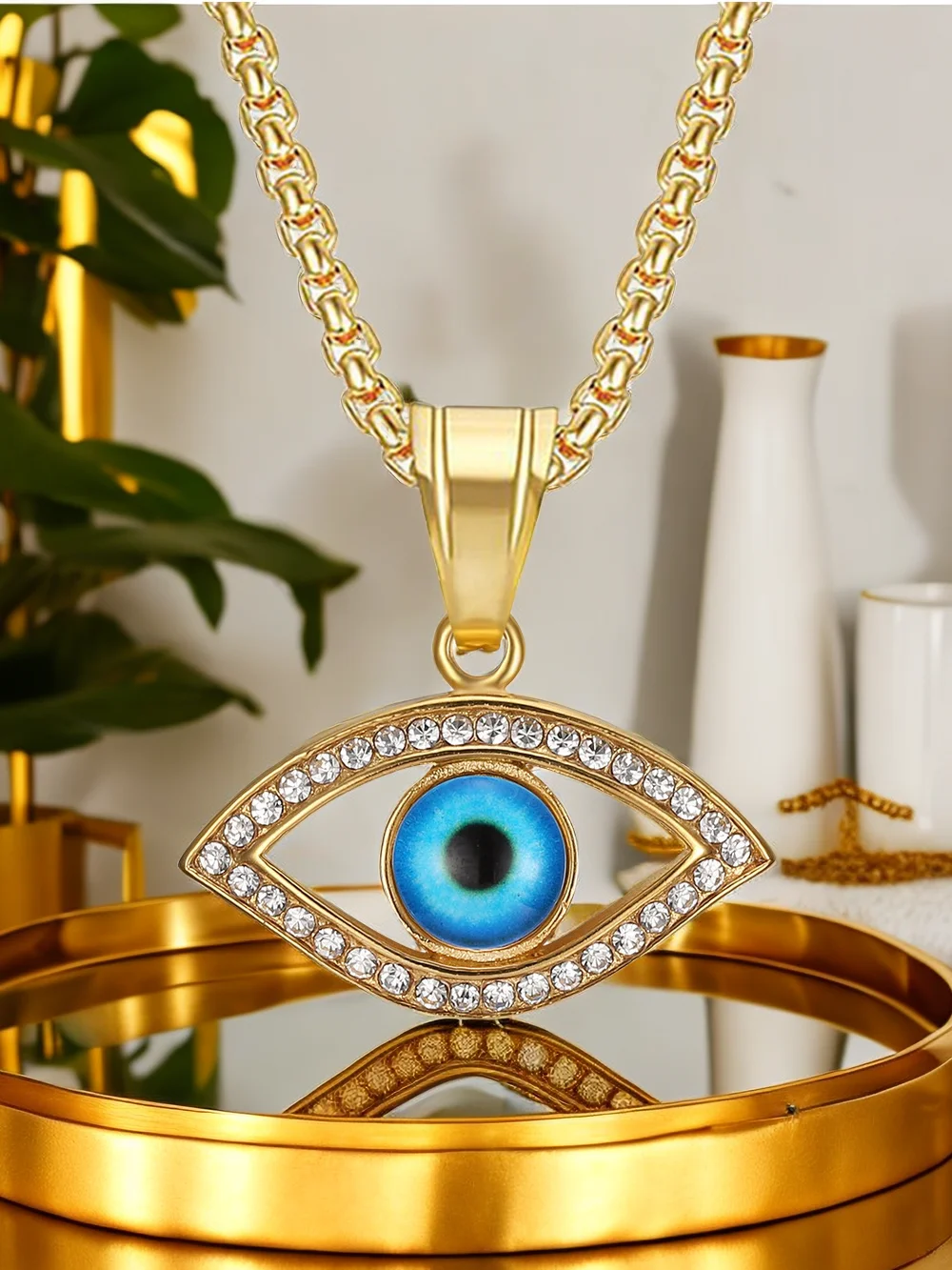 الأزرق عين الشر قلادة القلائد للنساء والرجال ، الفولاذ المقاوم للصدأ تشيكوسلوفاكيا تميمة ، التركية مجوهرات هدية ، الذهب اللون ، الإناث Charm #6