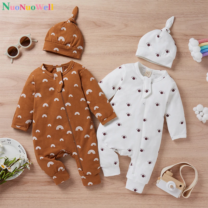 

Baby Romper with Hat 0 to 12 Months Newborn Baby Girl Boy Romper Clothes Long Sleeve Rainbow Bodysuit Infant Jumpsuit Outfit