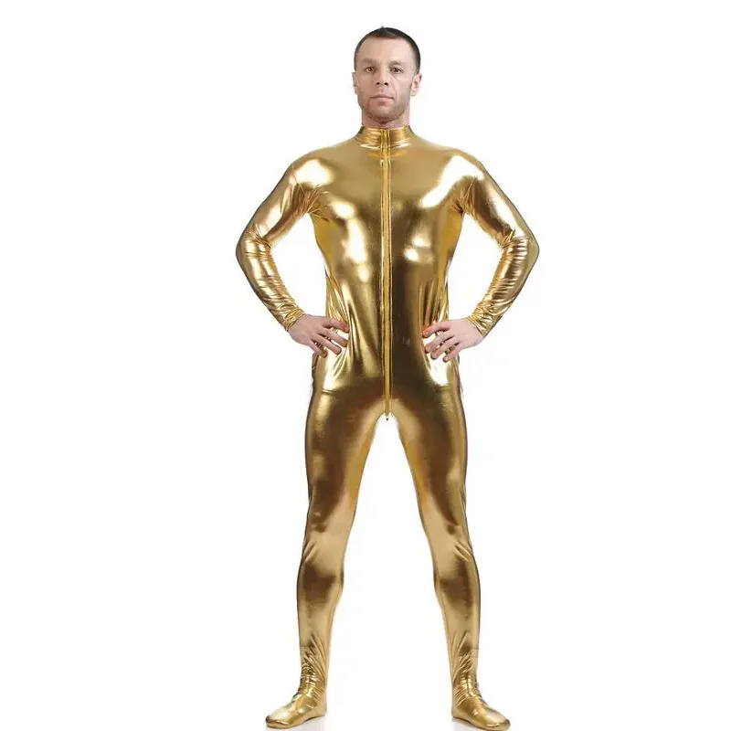 Fato de látex metálico brilhante masculino, Zentai dourado, fato de corpo inteiro, bodysuit de pele personalizado, macacão frontal com zíper, macacão preto, 2020