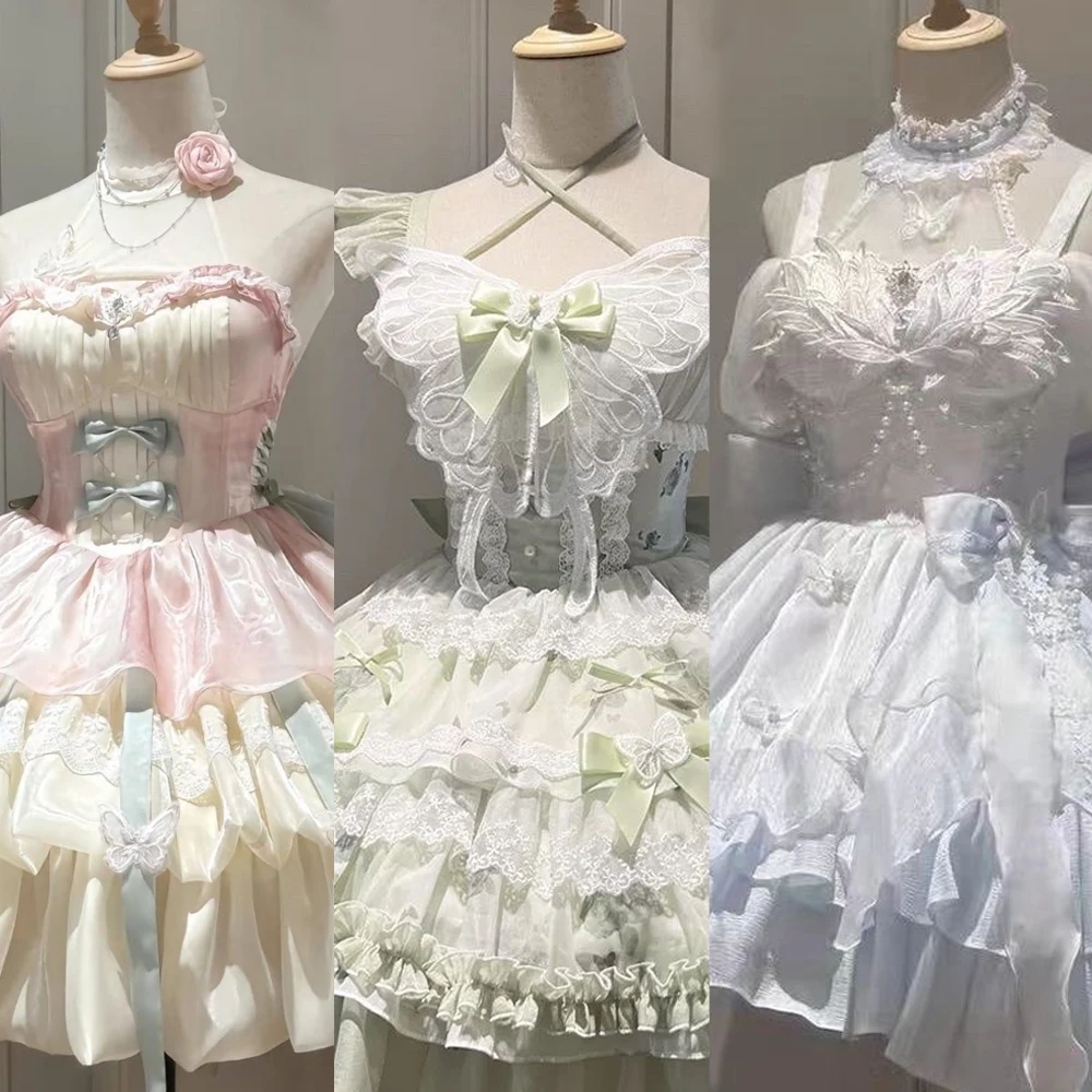 Sommer Süße Lolita Y2k Mini Kleider Frauen Spitze Patchwork Kurzarm Elegante Bandage Französisch Vintage Kurze Party Kleid Weibliche
