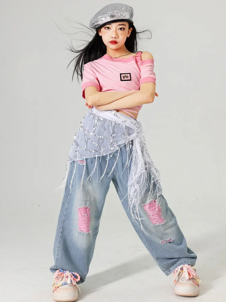 Mädchen K-pop Sets Süße Crop Top Rosa Jeans Hip Hop Kleidung Kinder Jazz Zerrissene Denim Hosen Kinder Streetwear Street Dance kostüm