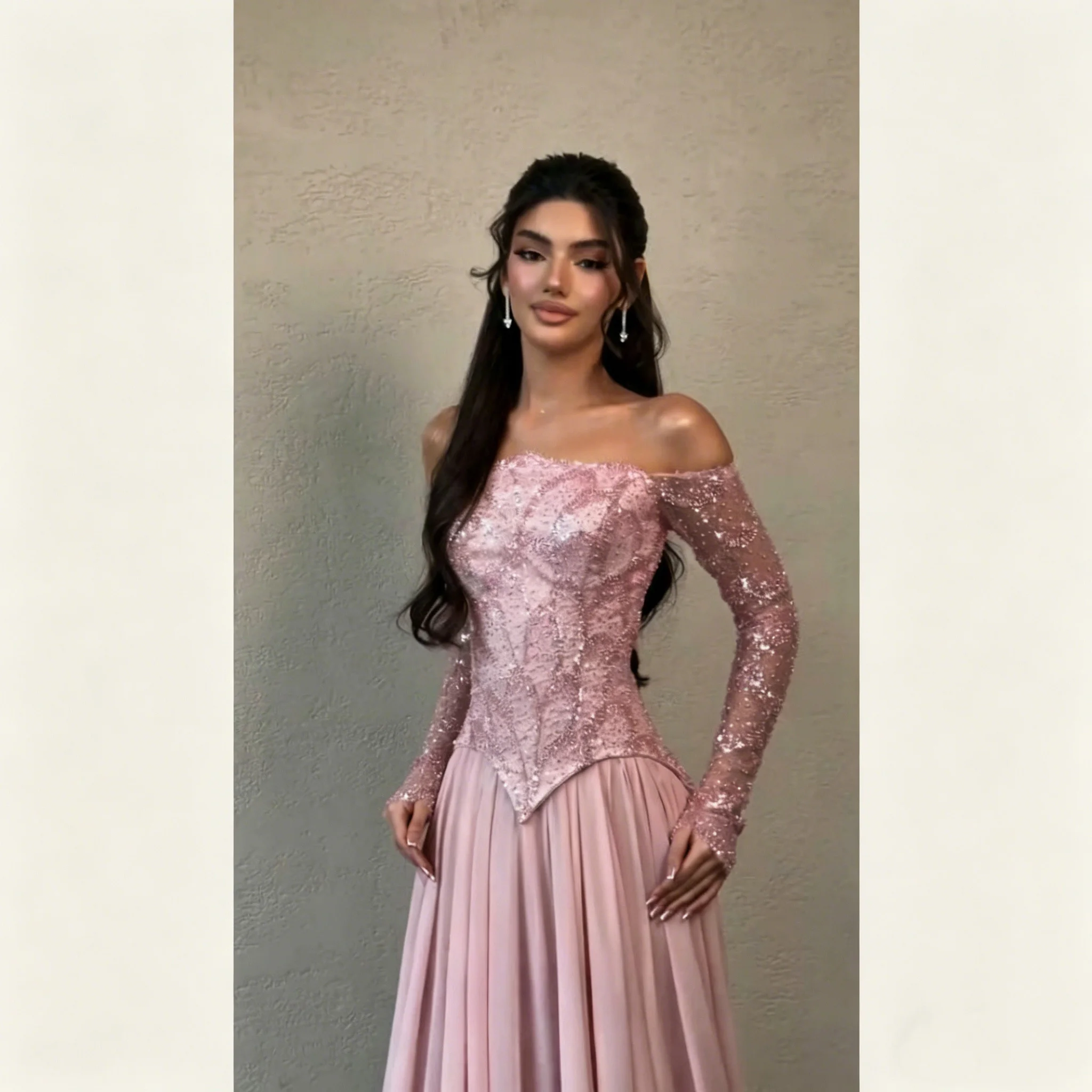

Customized Pink Off Shoulder Sequin Long Sleeve Prom Dress Corset Bodice Flowy Chiffon Skirt vestidos de noche Elegant