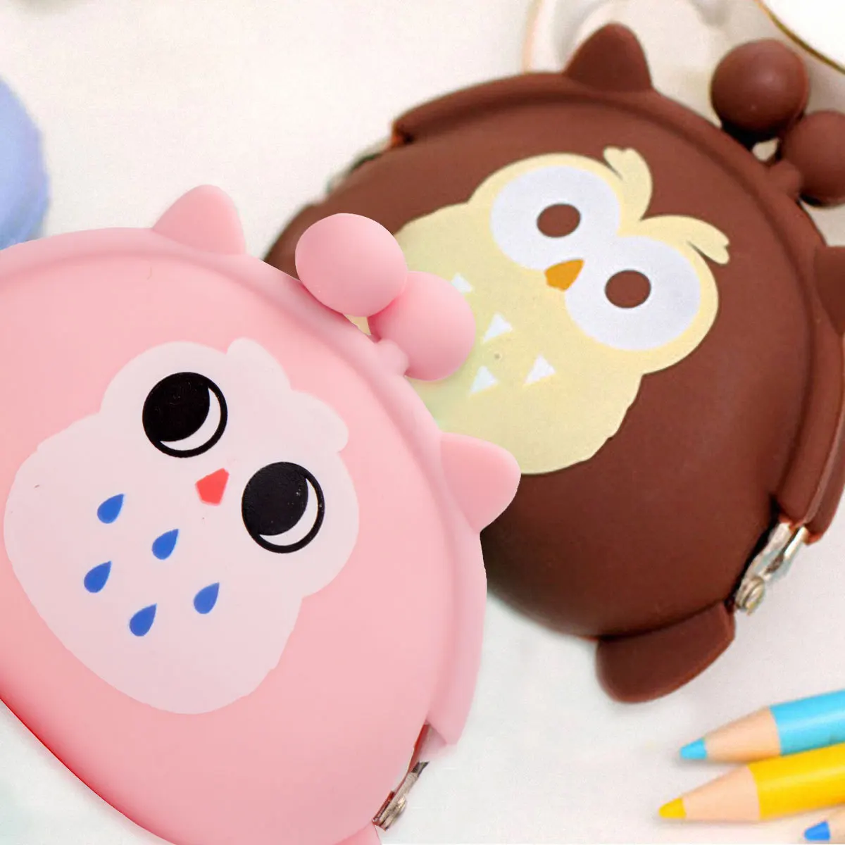 محفظة نقود معدنية من السيليكون على شكل بومة، محفظة جيلي صغيرة باللون الوردي على شكل حيوان كرتوني كاواي، حقيبة تغيير صغيرة للنساء