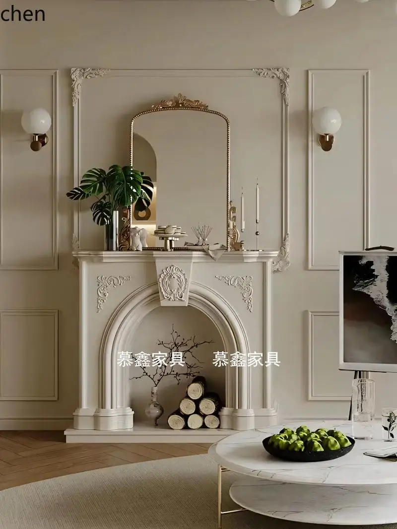 

HTT Arched Carved Fireplace Decorative Cabinet Simple Solid Wood Vintage Entryway Background Wall Light Luxury Homestay