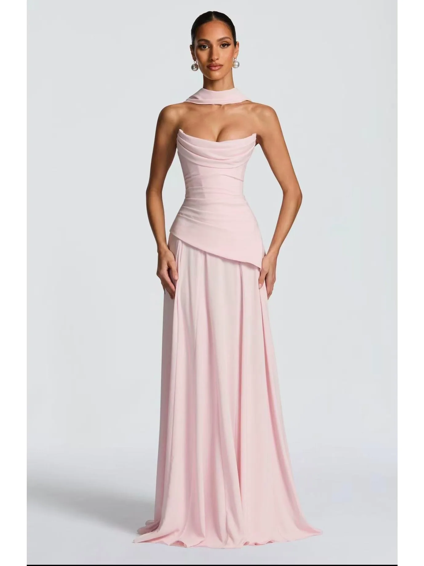 Strapless maxi-jurk voor dames, gedrapeerd sjaaldetail, asymmetrische taille, formele jurk - afbeelding 2