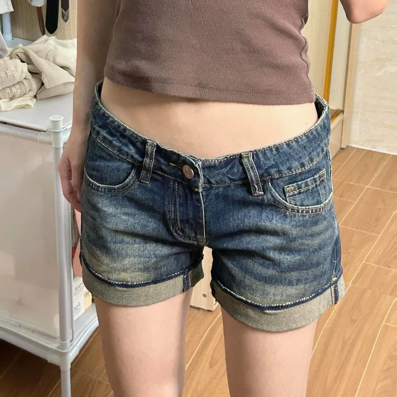 

Women Korean Denim Shorts Pants Lady Summer New Low Waist Elastic Slim Fit Hot Pants Female Sexy Deep Blue Hip Wrapping Jeans