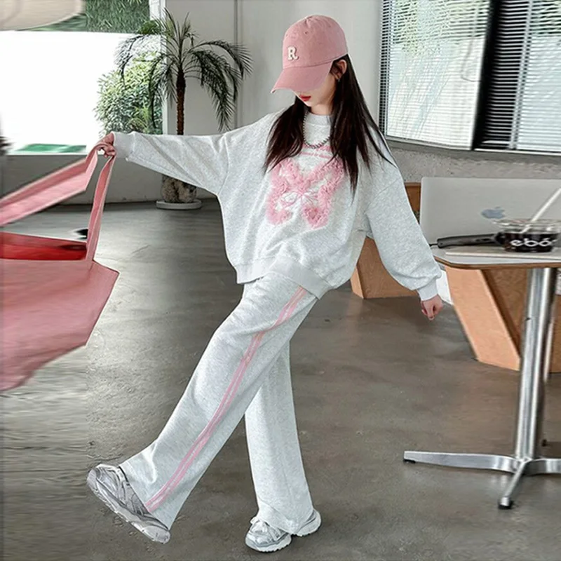 ZOETOPKID Mädchen Herbst-Sets Teenager Frühling Sportanzüge Kinder Spitze Schmetterling Sweatshirt+Lose Hose 2-teilig Kinder-Outfits – Detail 6