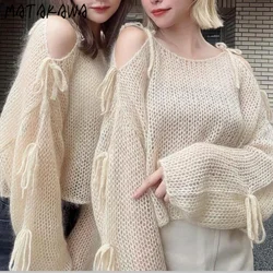 Matakawa Lace Up Women Sweaters Solid Korean Fashion Spring Autumn Sweet Pull Femme Hollow Out Loose Simple Pullovers