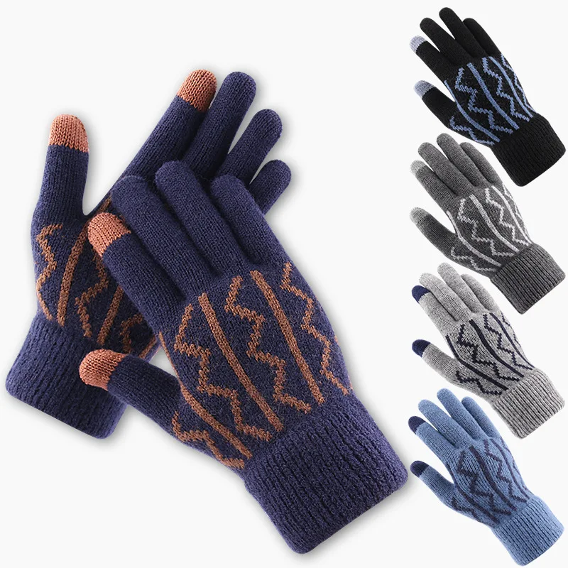 Warm Hot Selling Knitted Gloves Popular Men's Winter Jacquard Fingertip Wool and Fleece Thickened Touch Screen Gloves