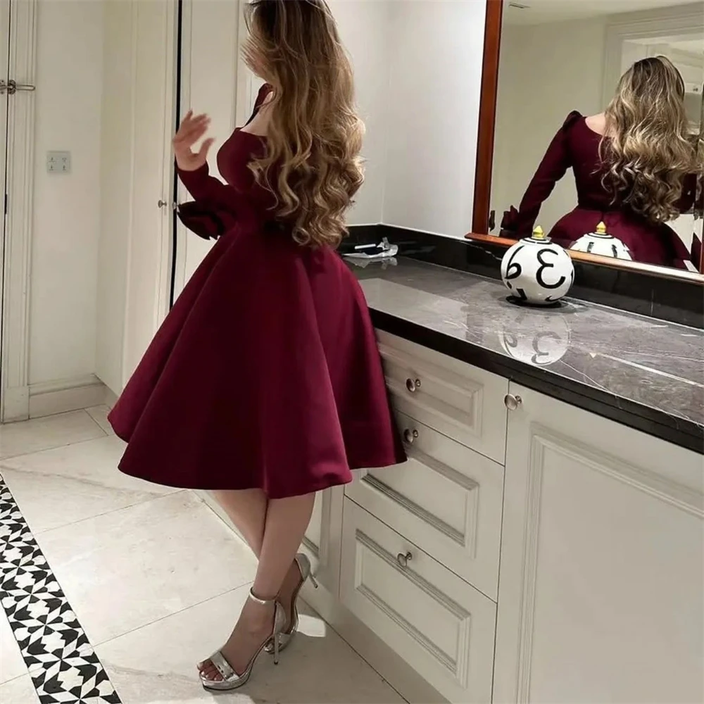 Customized Evening Dress Classic Square Collar Off the Shoulder Long Sleeves Prom Gowns Satin A-Line Knee Length Party Dresses