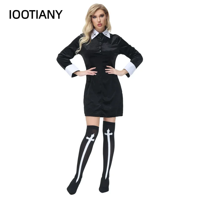 CosplayMujer Sexy monja gótico disfraz oscuro adulto carnaval Halloween iglesia vestido religioso Abbey Adams Cosplay vestido de lujo parte