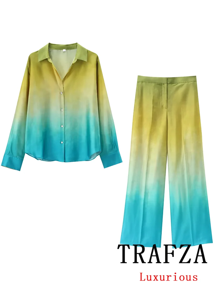 TRAFZA Vintage Casual Tie Dye Women Suit Single Breasted Long Sleeve Shirt Loose Long Pants Chic Fashion 2024 Summer Basics Sets