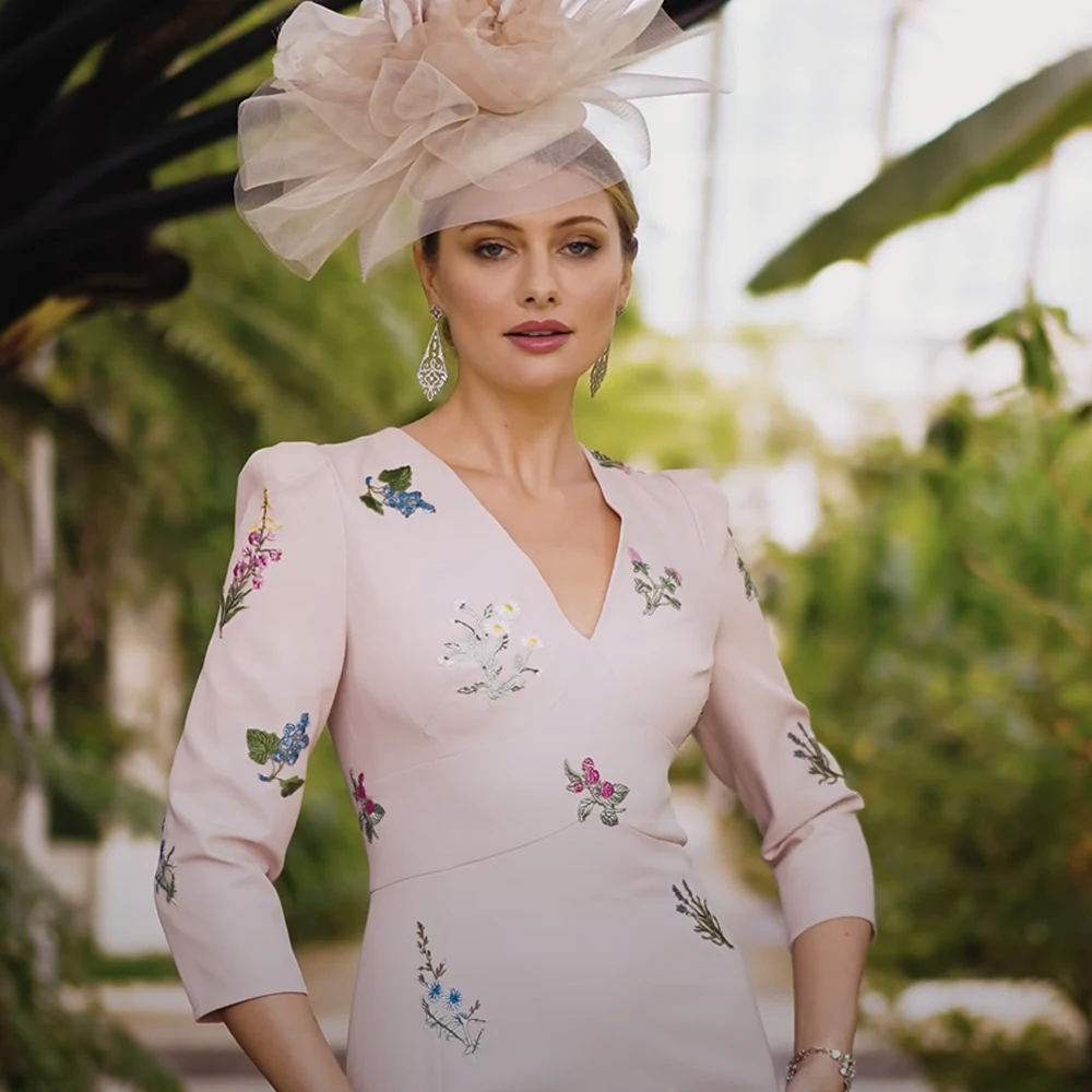 Élégantes robes de mère de la mariée rose, col en V, manches 3/4, fête de mariage, quelles que soient les fleurs, longueur au rinçage, sirène, 2024