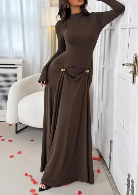 

Womens Dresses 2026 New Spring Autumn Solid Color Elegant Round Neck Long Sleeve Commuter Slimming Cinched Waist Long Dress