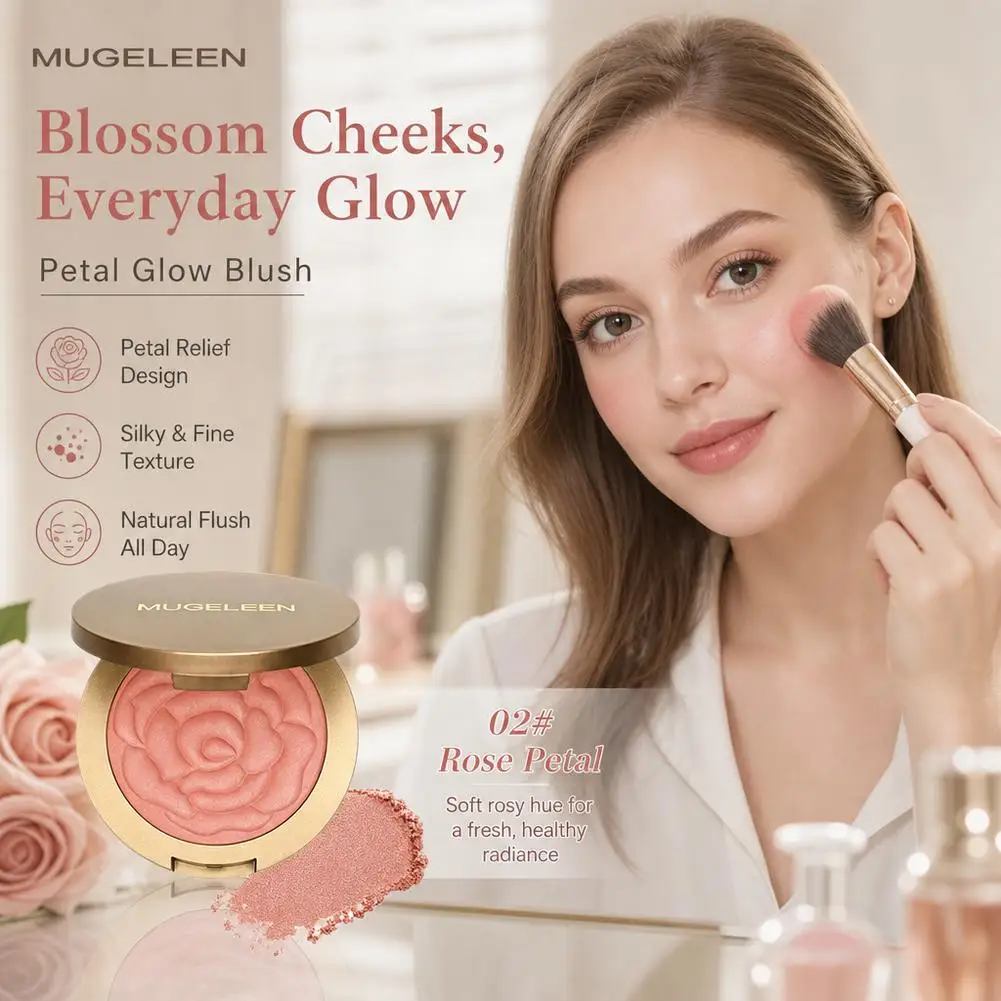 MUGE LEEN Embossed Rose Shaped High Gloss Powder Blusher Fine Flash Transparent Luster White Powder Blusher for Makeup