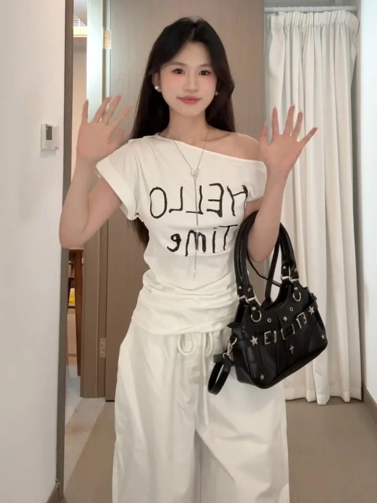 Sweet And Spicy American Sle Women's White oulder Slip Knot ort Sve T-irt Korean Slim Fit Letter Print Summer Top