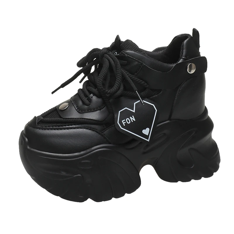 Baskets à Talons Épais de 9.5cm pour Femme, Chaussures Confortables et Décontractées, en Cuir, pour Printemps et Automne