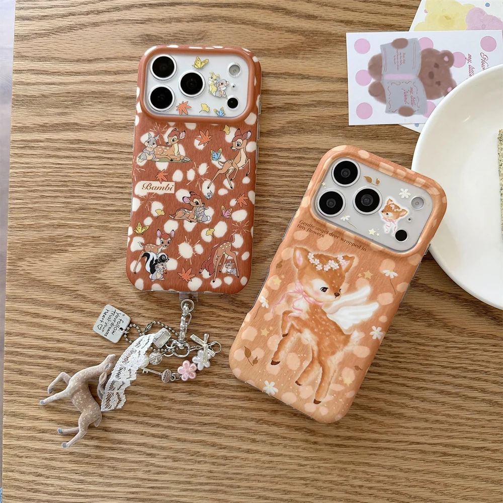Korea Cute Bambi Deer Print Phone Case For iPhone 18 Pro 18 Pro Max 17 16 15 Set With Deer Charm Wrist Strap Shockproof Cases