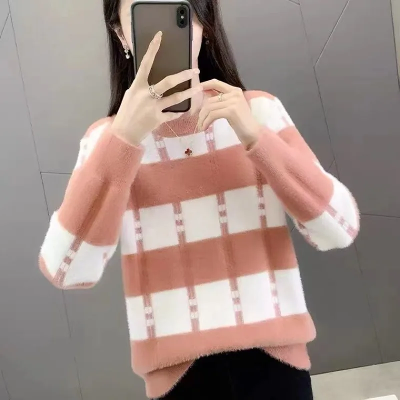 New Style Autumn and Winter Women\'s Color Block O-Neck Long Sleeves Loose Knitted Pullovers Sweater Fashion Casual Commute Tops
