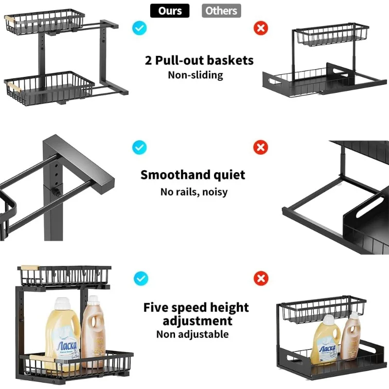 2 ชั้นภายใต้อ่างล้างจาน,2 แพ็คเลื่อนลิ้นชักสําหรับห้องครัวห้องน้ํา Pantry