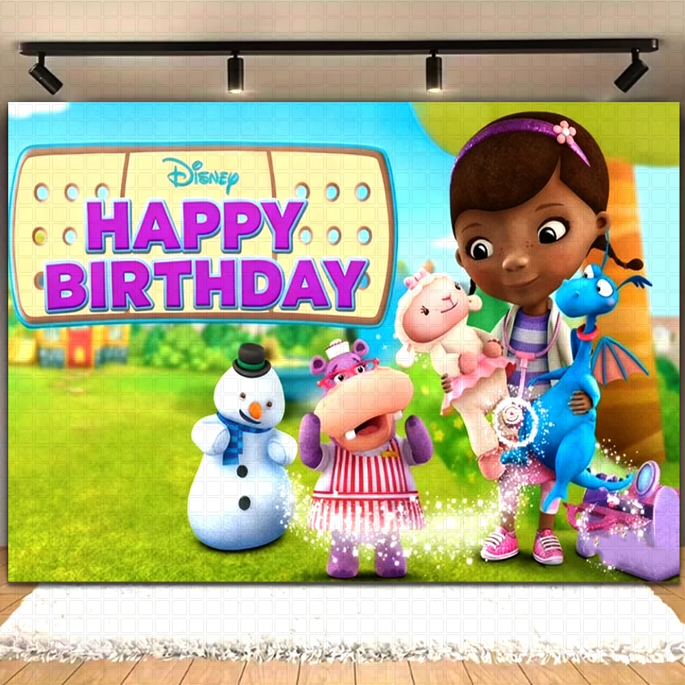 لعبة Doc McStuffins لتزيين حفلات أعياد الميلاد للطبيب، خلفية لطيفة على شكل فتاة كرتونية للأطفال، خلفية دعامة للصور، مستلزمات استحمام الطفل #3