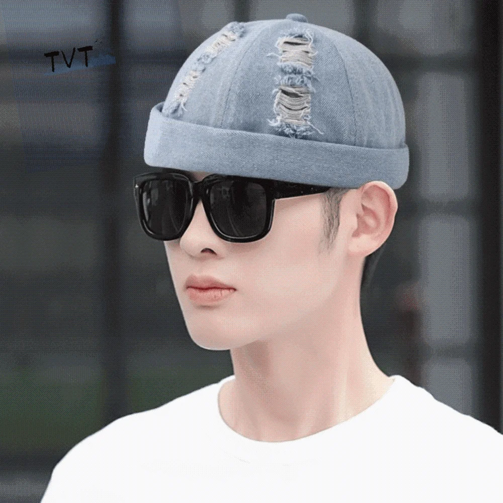 

Simple Denim Brimless Hat Old Holes Solid Color Melon Docker Cap Dome without Visor Bucket Cap Streetwear