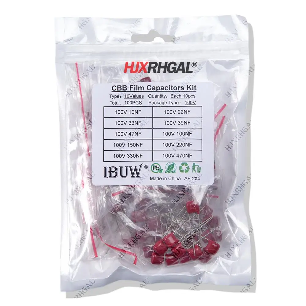 KIT 100PC=10value*10PCS Metallized Polyester Film Capacitors CBB Assortment Kit 100V 10nF ~ 470nF
