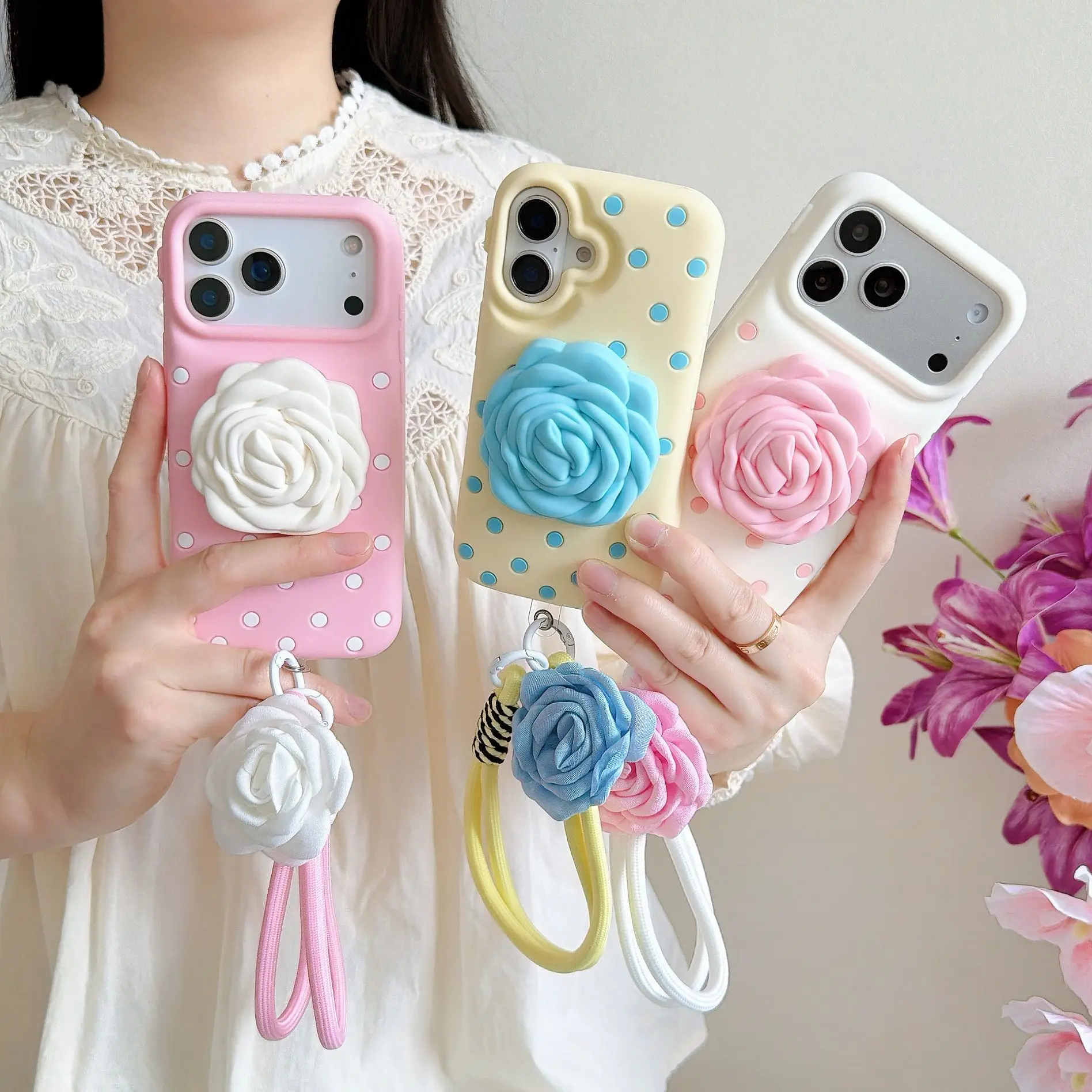 

3D Rose Flower Silicone Phone Case For iPhone 17 16 15 14 13 Pro Max Cute Polka Dot Shockproof Cover With Wrist Strap