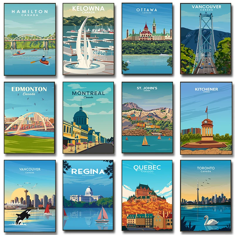 Póster de viaje del horizonte de Canadá, arquitectura de paisaje urbano Vintage, impresiones de ciudad de Quebec, pintura en lienzo, imágenes artísticas de pared, decoración de la habitación del hogar
